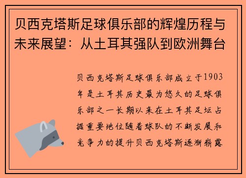 贝西克塔斯足球俱乐部的辉煌历程与未来展望：从土耳其强队到欧洲舞台的崛起
